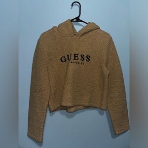 Guess Crop Sweater Womens Size S Beige Cropped Hoodie Teddy Bear Fleece